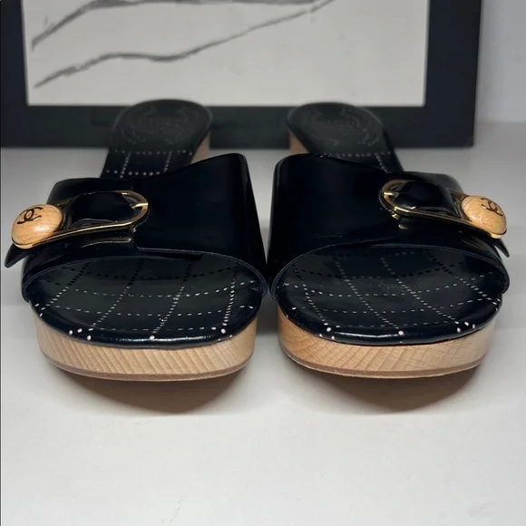 Chanel Patent Leather Wood Mule Wedges Slip On’s Logo Buckle Women's 7.5 B - Picture 8 of 16